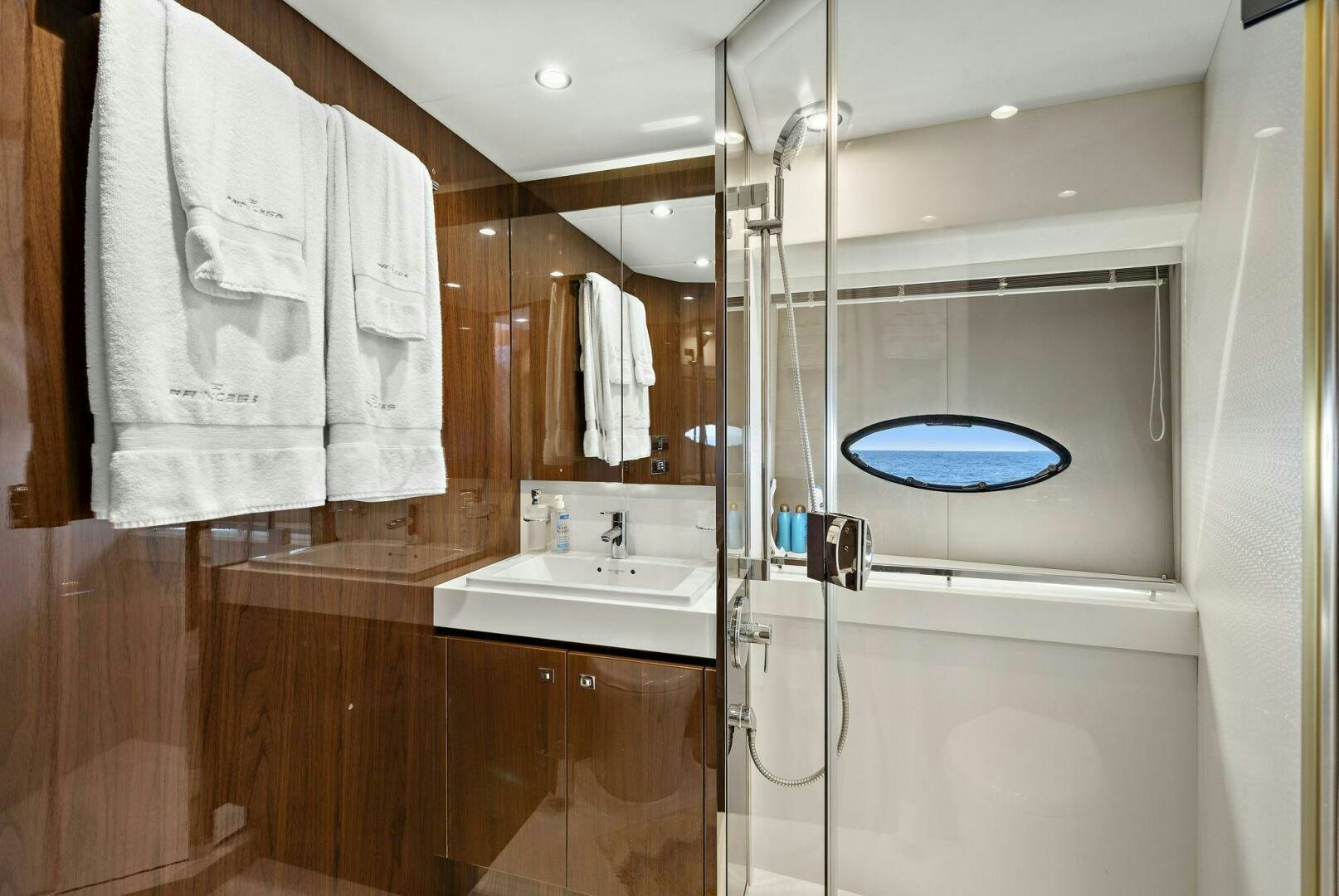 a bathroom with a shower unit and sink aboard LA-Z-BUOY Yacht for Sale