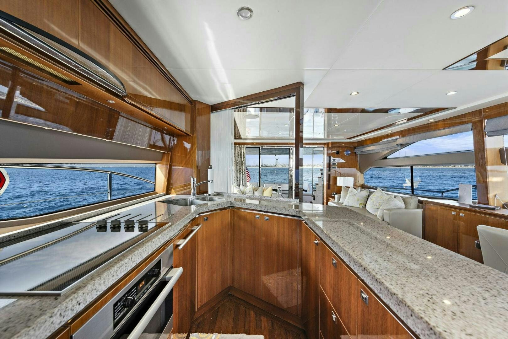 a kitchen with a large island aboard LA-Z-BUOY Yacht for Sale
