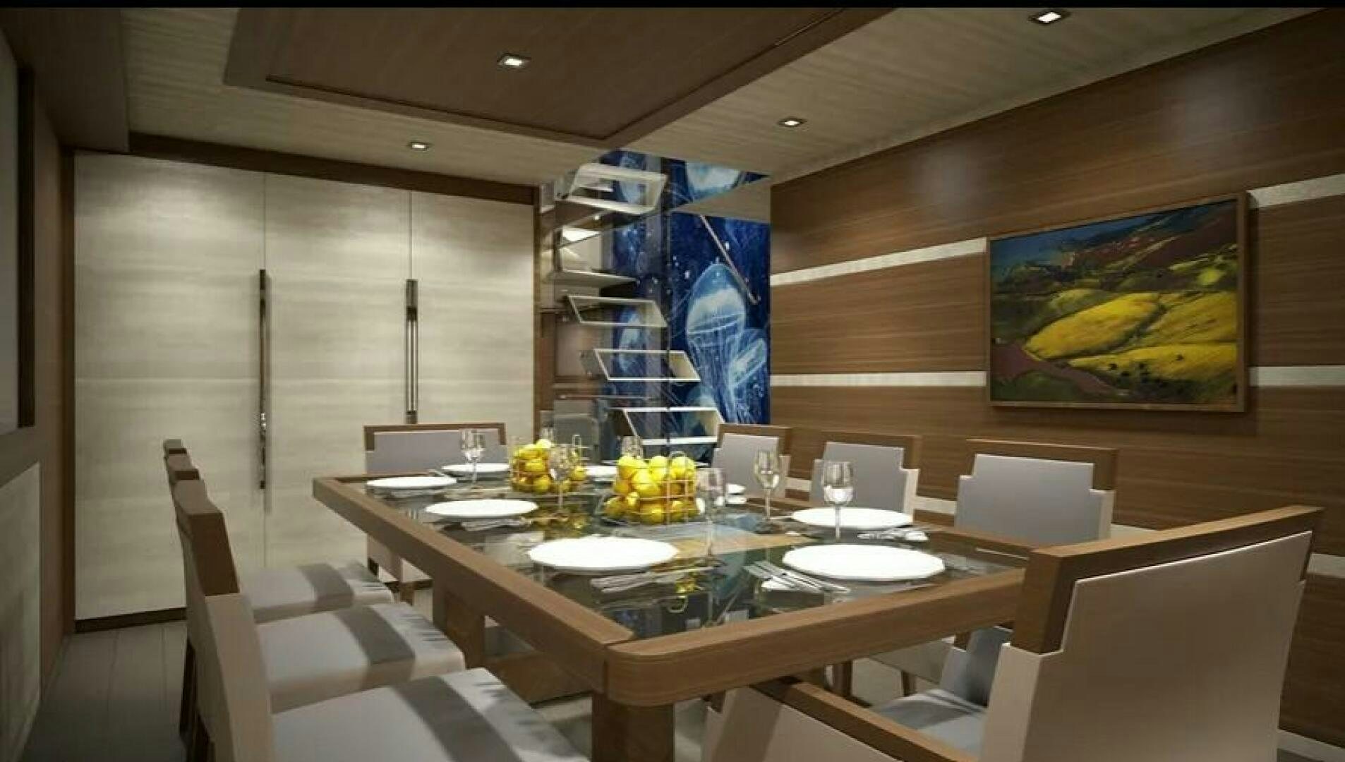 a table with chairs and a large painting on it aboard NORTHLAND Yacht for Sale