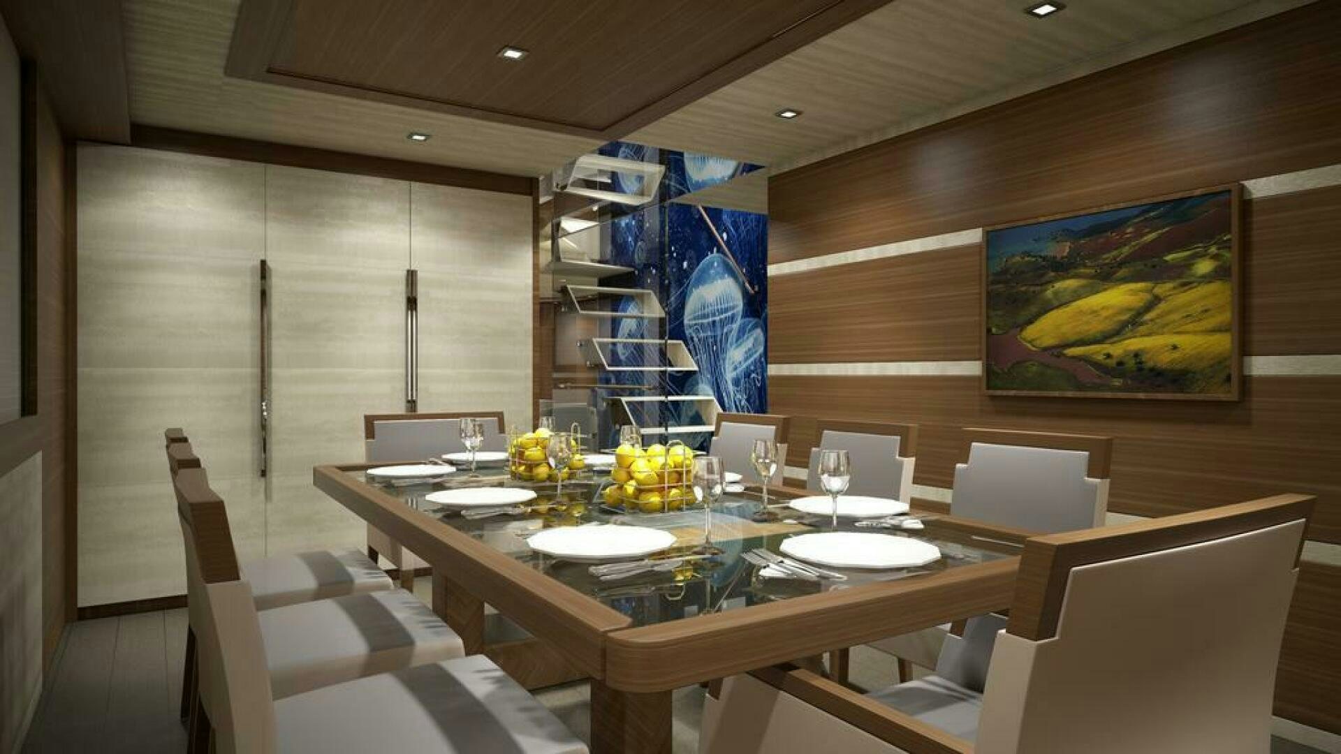 a dining table with chairs and a ladder in a room with a painting aboard NORTHLAND Yacht for Sale