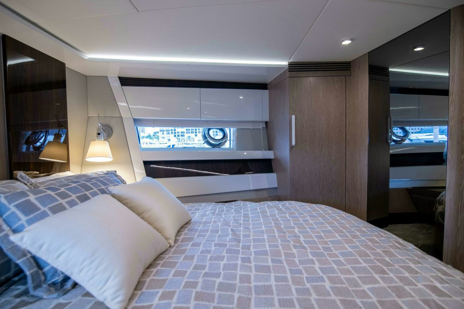 a bed in a room aboard TRIPLE PLAY Yacht for Sale