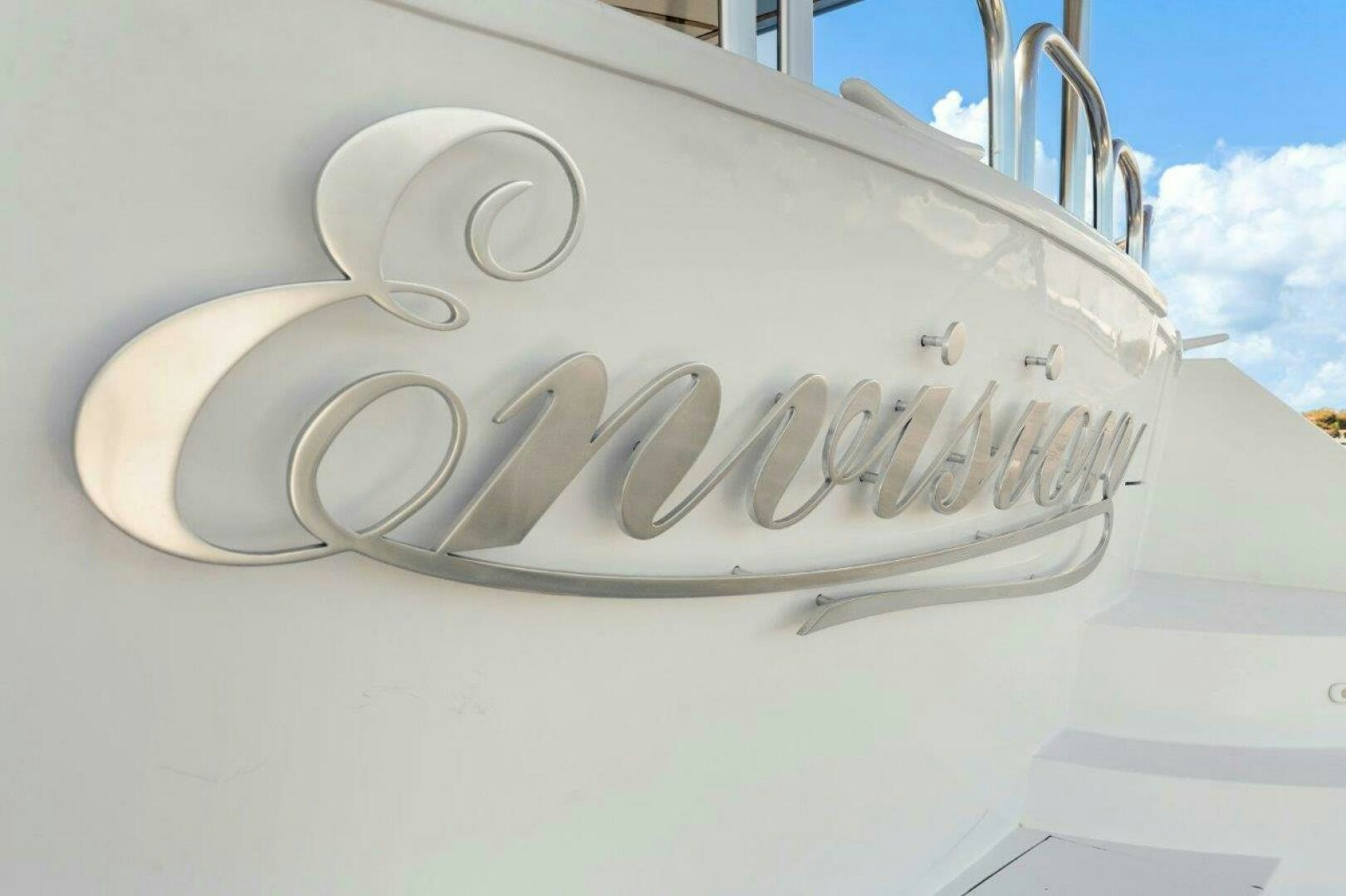 a white building with a word on it aboard ENVISION Yacht for Sale