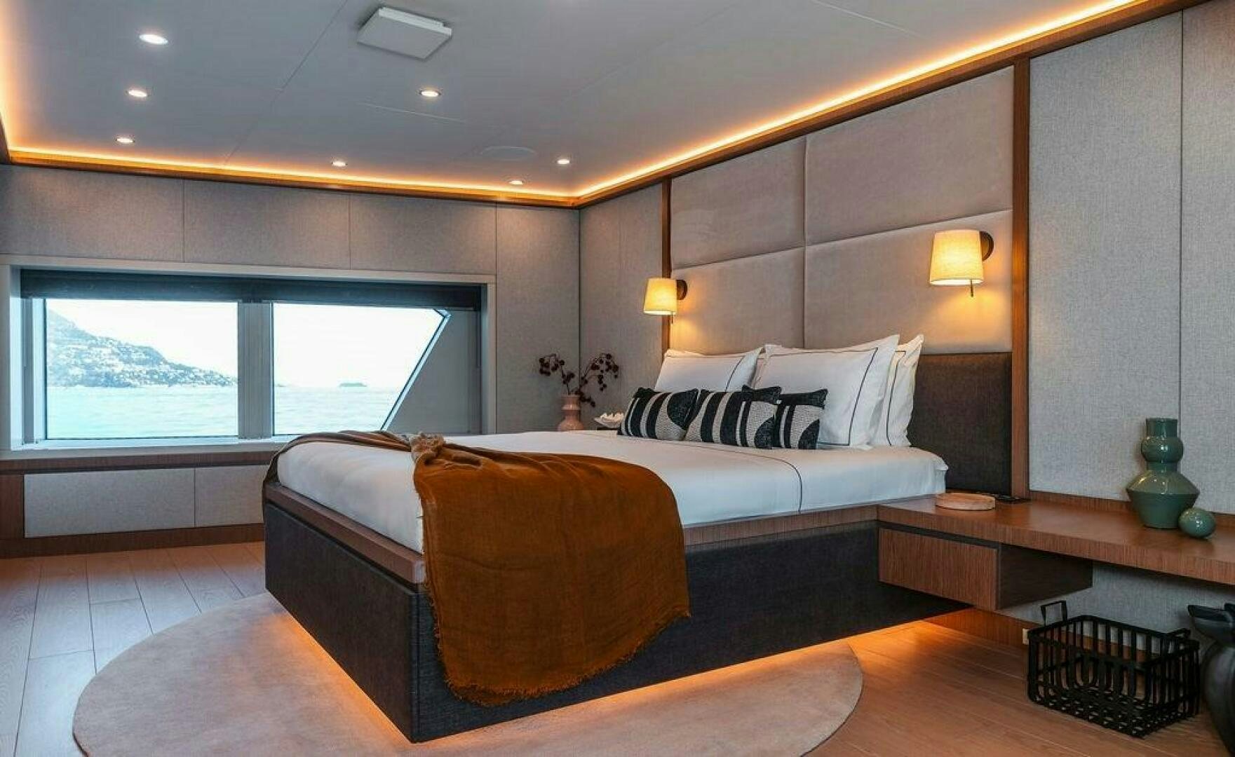 a large bed in a room aboard INFINITY NINE Yacht for Sale