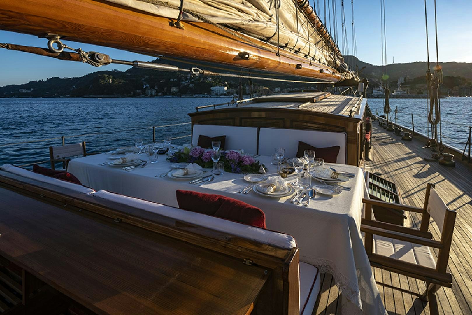 a table on a boat aboard INVADER Yacht for Charter