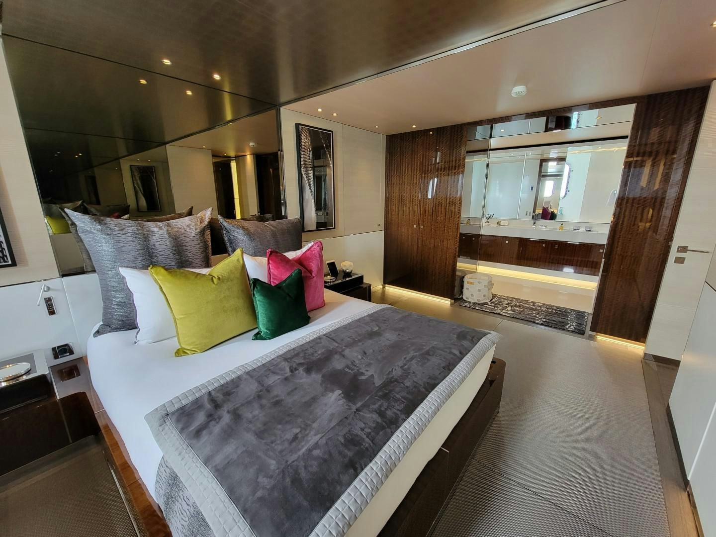 a bed in a room aboard KNIGHT Yacht for Charter