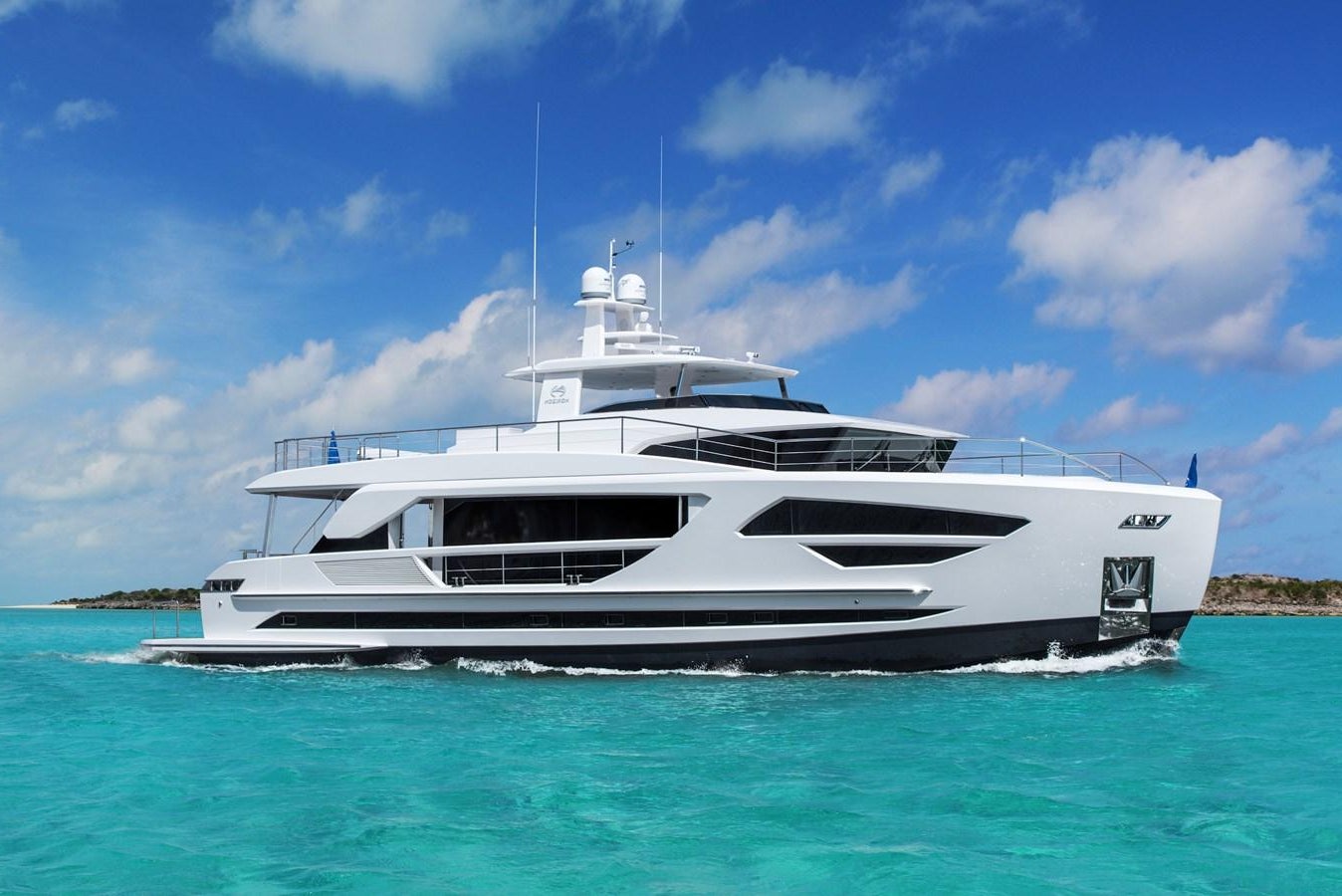 a white yacht in the water aboard FD85 (NEW BOAT SPEC)  Yacht for Sale