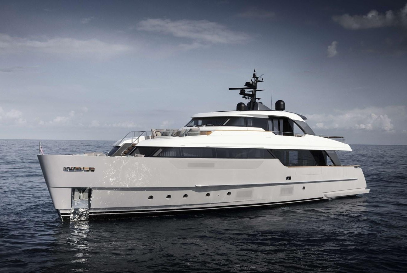 a white yacht in the water aboard DA MOON Yacht for Sale