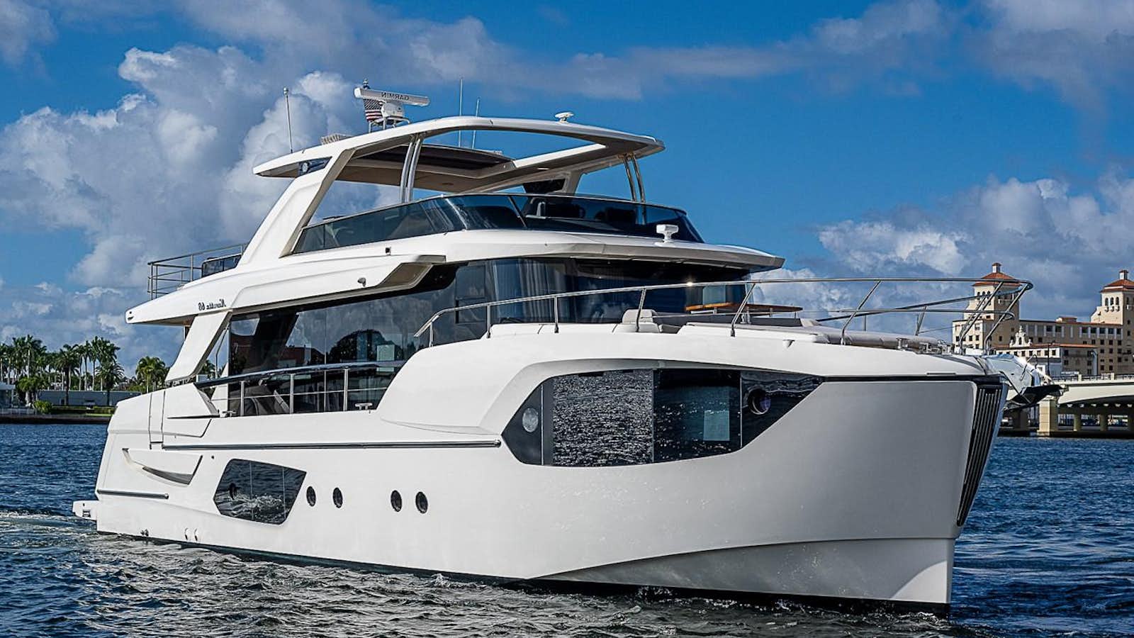 a white yacht on the water aboard 68 NAVETTA  Yacht for Sale