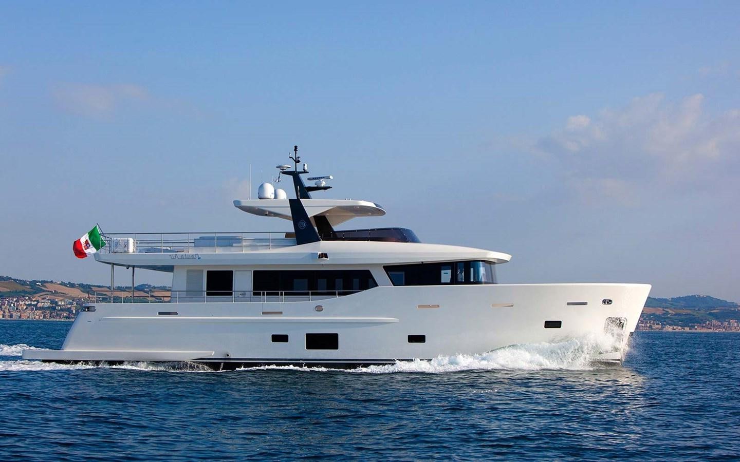 a large white boat with a drone on top of it aboard YES Yacht for Sale