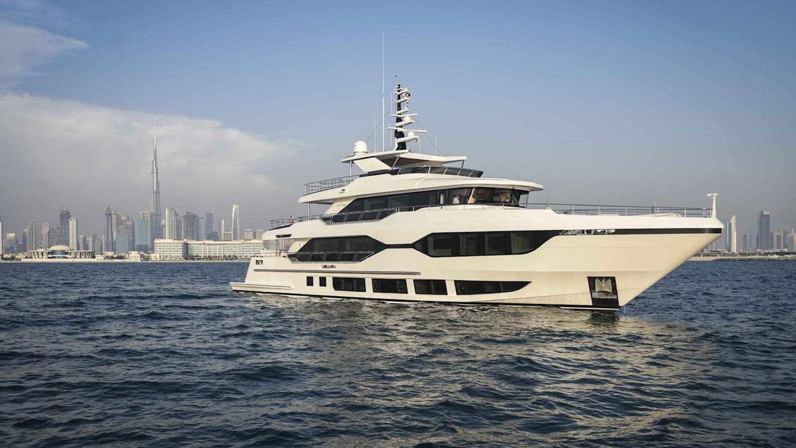 a white yacht in the water aboard MAJESTY 111 #2 Yacht for Sale