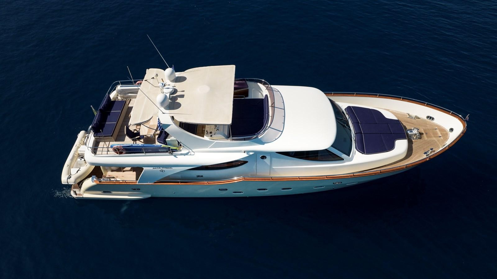 a white and blue boat aboard ITACATOO Yacht for Sale