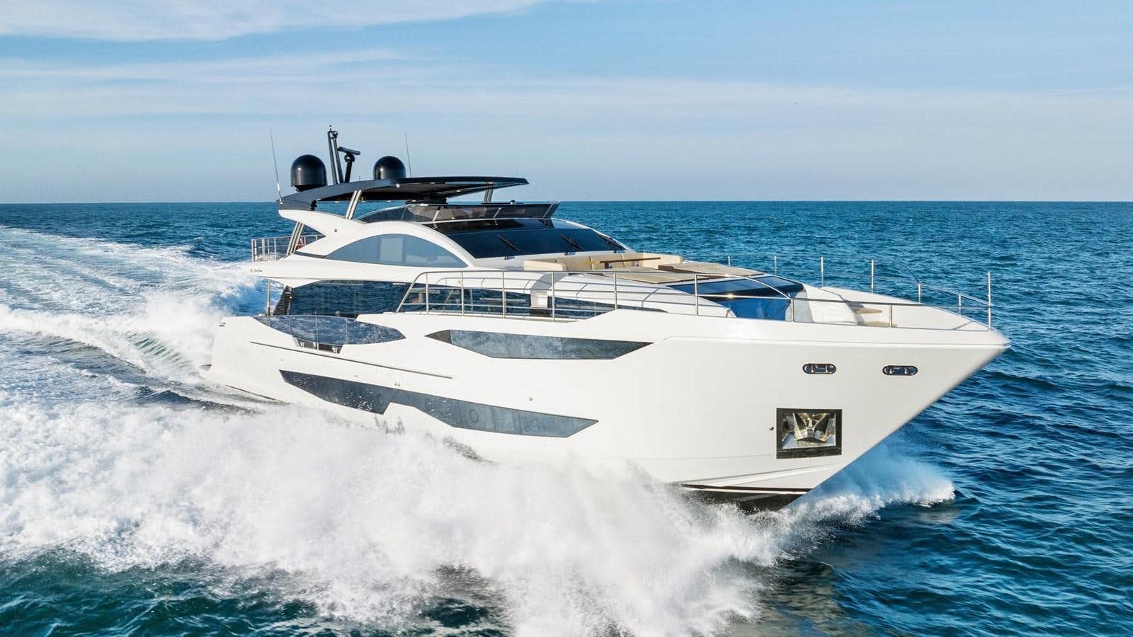 a white yacht on the water aboard 82 PEARL Yacht for Sale