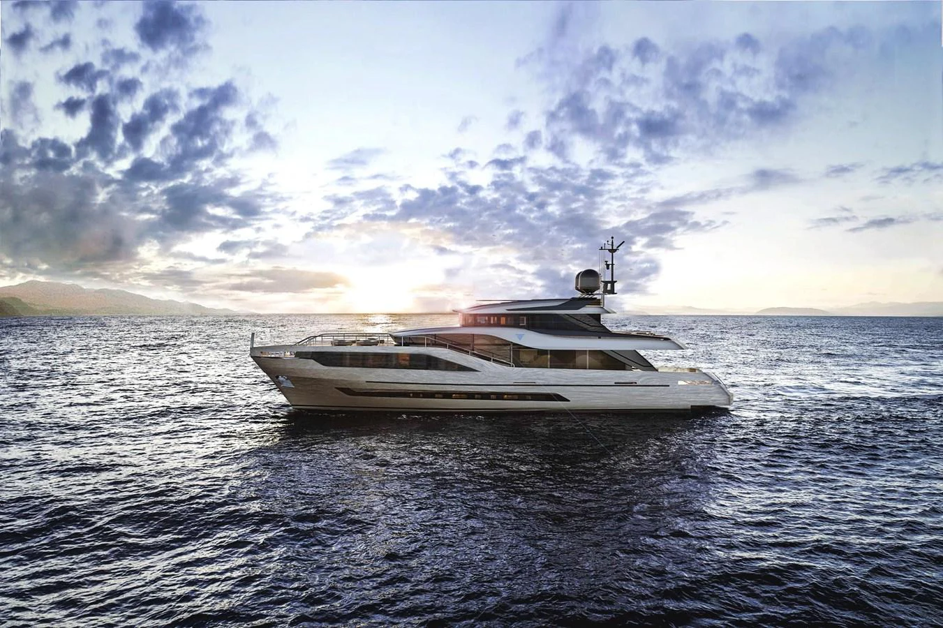 A sleek and modern yacht glides gracefully on the open sea at sunset. aboard FILIPPETTI N28-01 Yacht for Sale