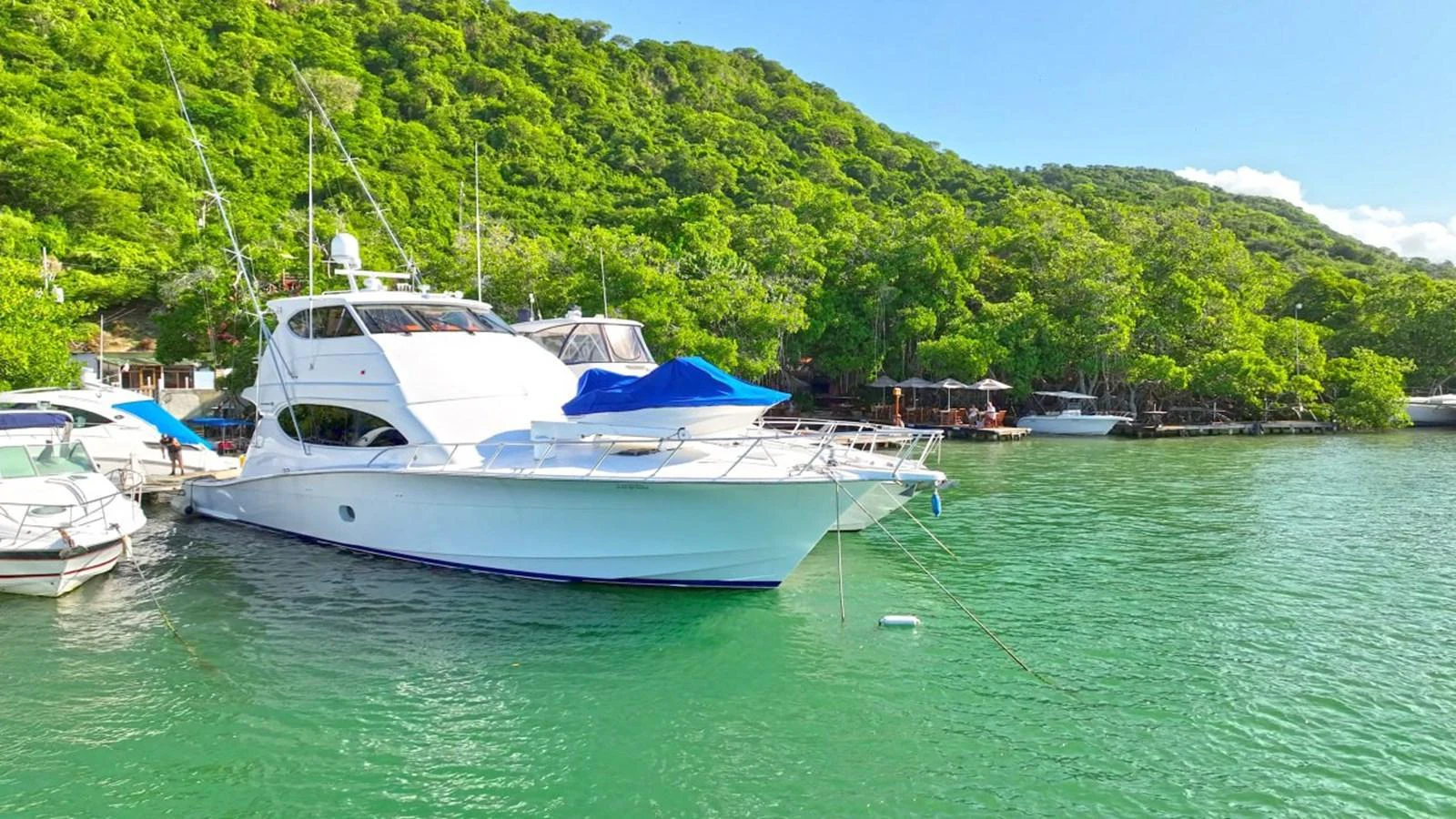 A sleek white yacht is docked in a serene, lush green bay. aboard HATTERAS 68 CONVERTIBLE Yacht for Sale
