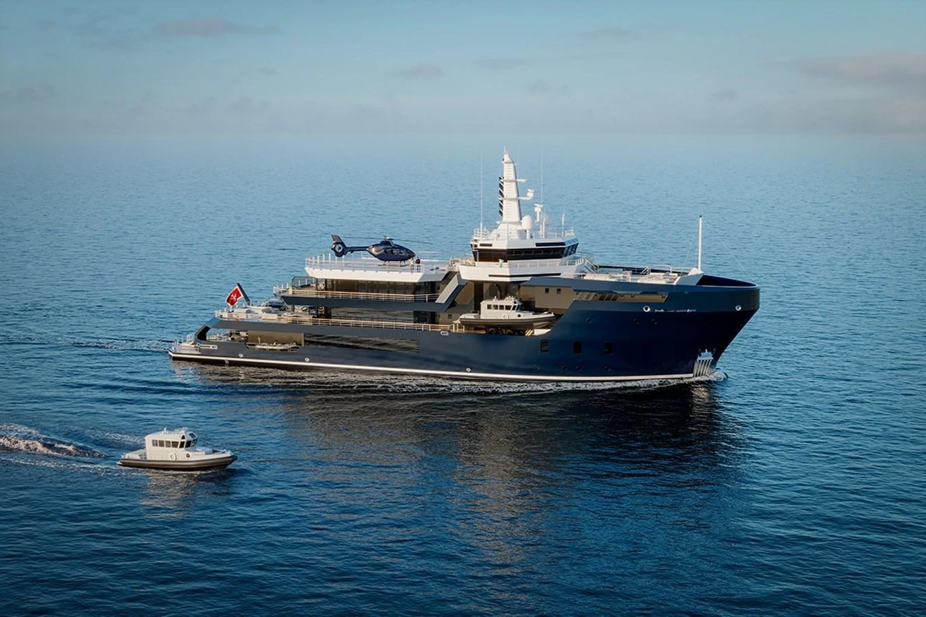 A luxurious yacht sails gracefully on calm waters, accompanied by a tender boat. aboard PROJECT MASTER Yacht for Sale