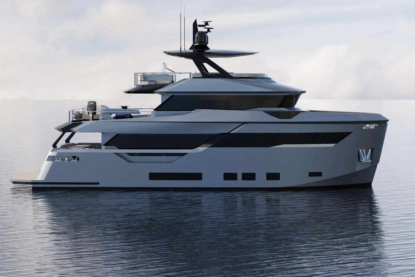 A sleek and modern yacht with a striking profile, cruising on calm waters. aboard AES 85 Yacht for Sale