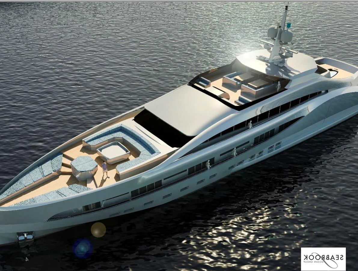 A sleek and modern yacht glides gracefully on calm waters, showcasing its luxurious design and spacious deck areas. aboard THE SEABULL 220 Yacht for Sale