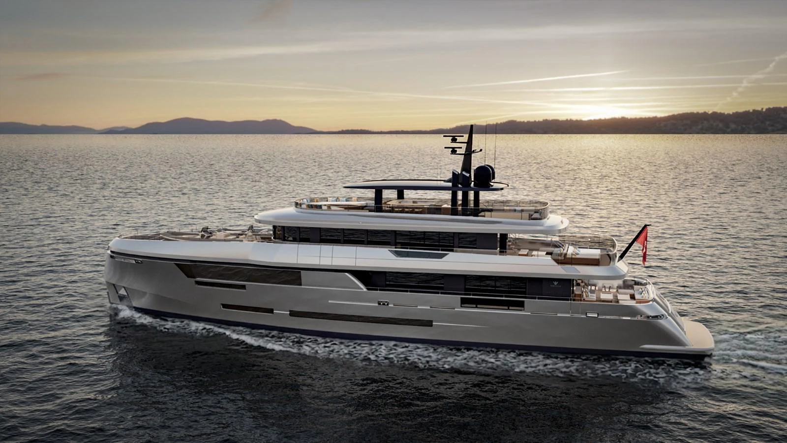 A sleek and modern yacht cruises gracefully on calm waters at sunset. aboard KINGSHIP 45M GRAND EXPLORER Yacht for Sale