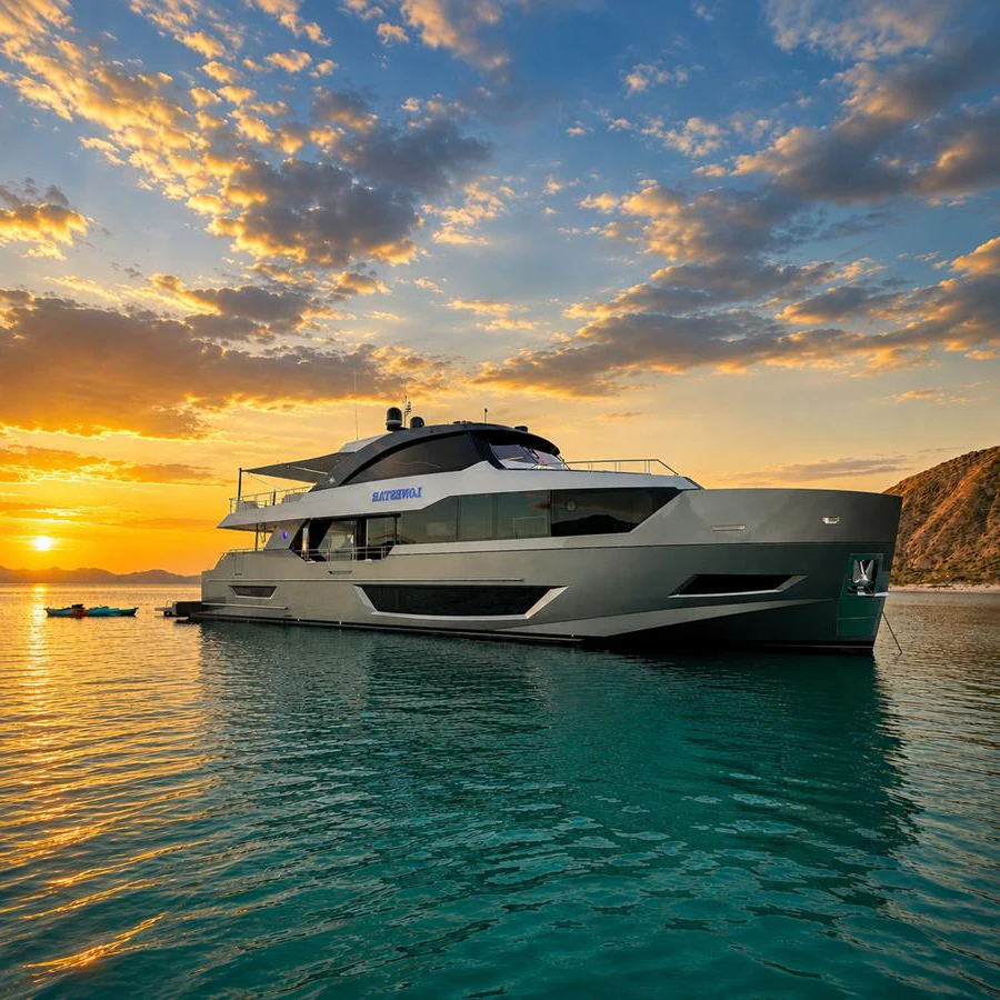 A sleek yacht is anchored on calm waters during a stunning sunset. aboard LONE STAR Yacht for Sale