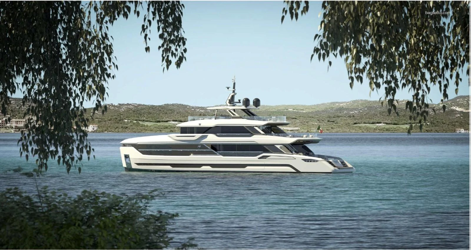 A sleek and modern yacht is anchored in a serene bay, framed by lush foliage. aboard BAGLIETTO DOM115 Yacht for Sale