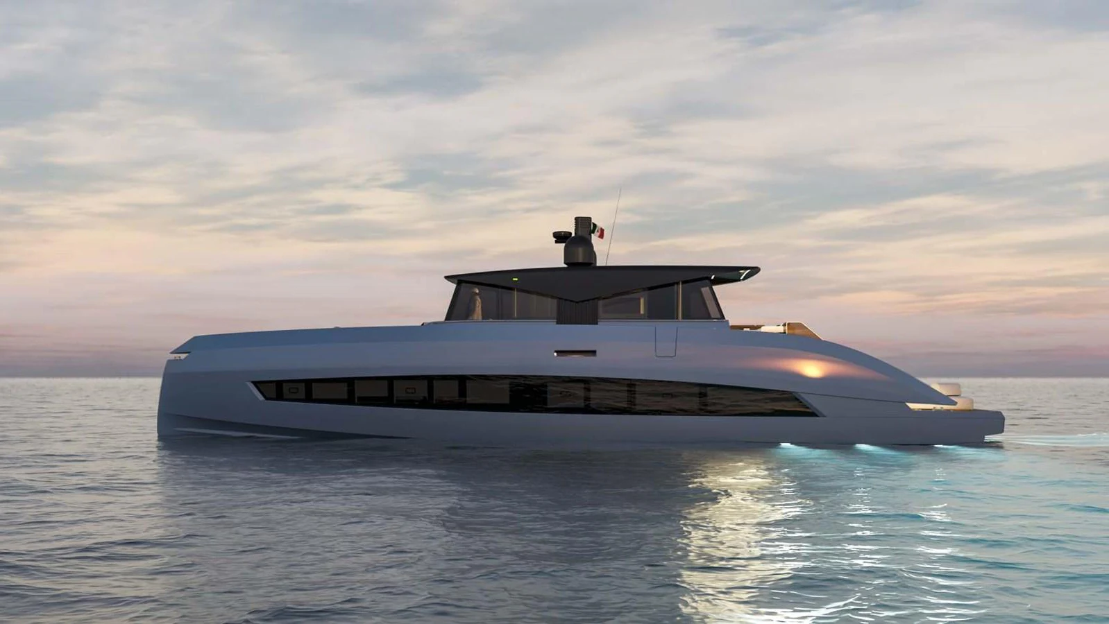 A sleek, modern yacht glides through calm waters at dusk. aboard MANDAYACHT S 07 BERLINETTA Yacht for Sale