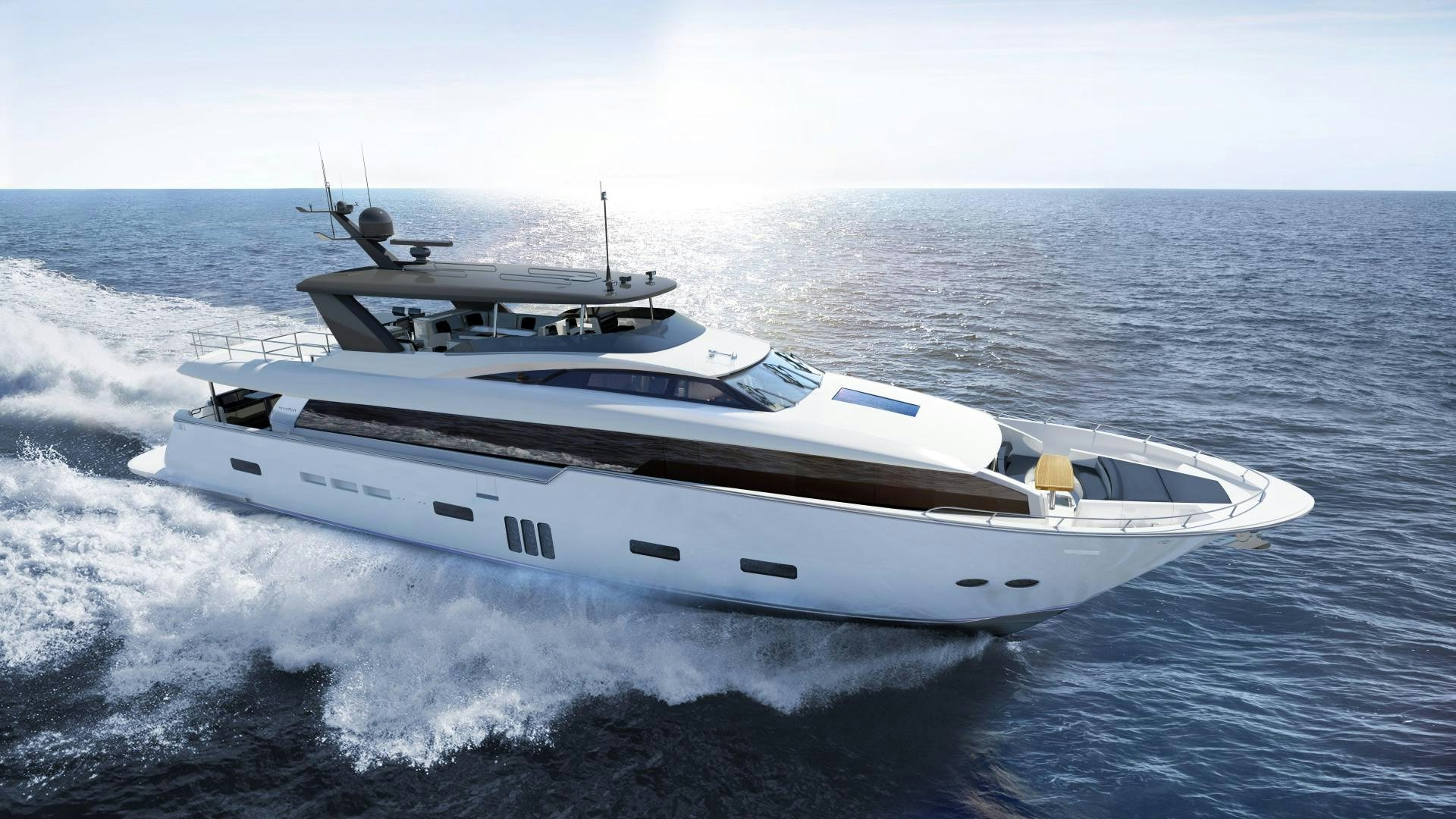 a white yacht on the water aboard 2021 HATTERAS 105RPH Yacht for Sale