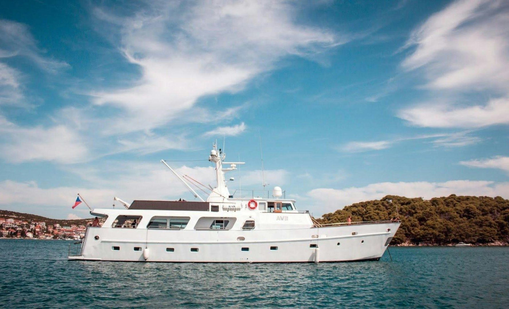 a white yacht in the water aboard EVA Yacht for Sale