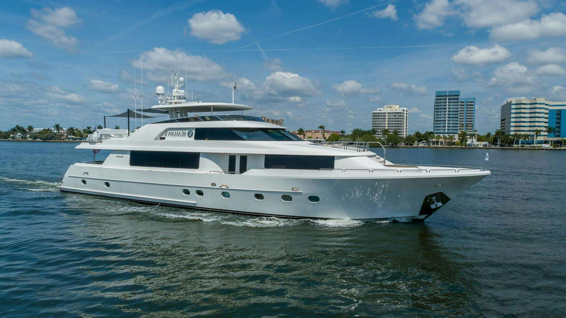 a white yacht on the water aboard SEAHAWK Yacht for Sale