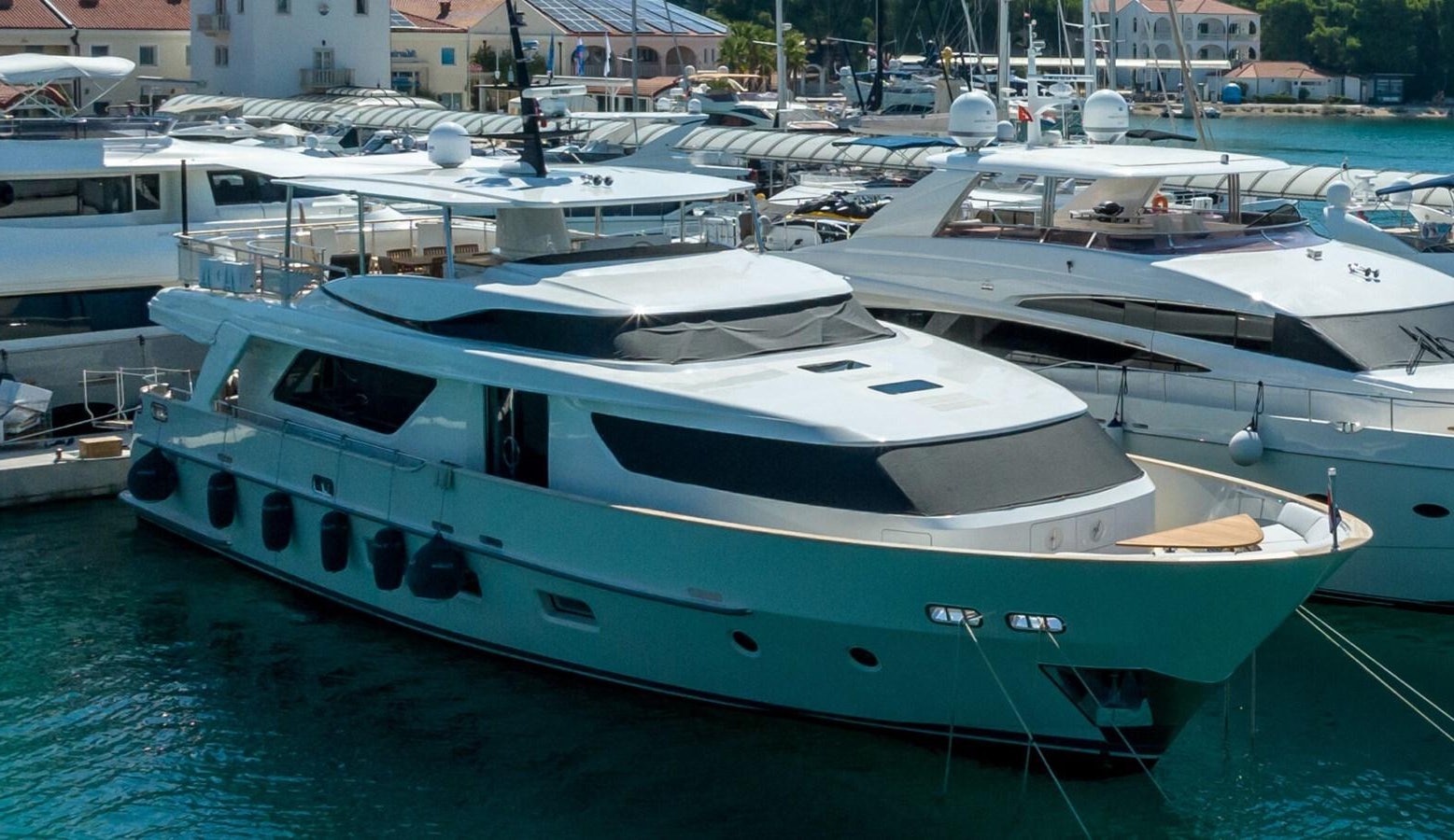 a boat parked in a harbor aboard SANLORENZO SD 92 Yacht for Sale