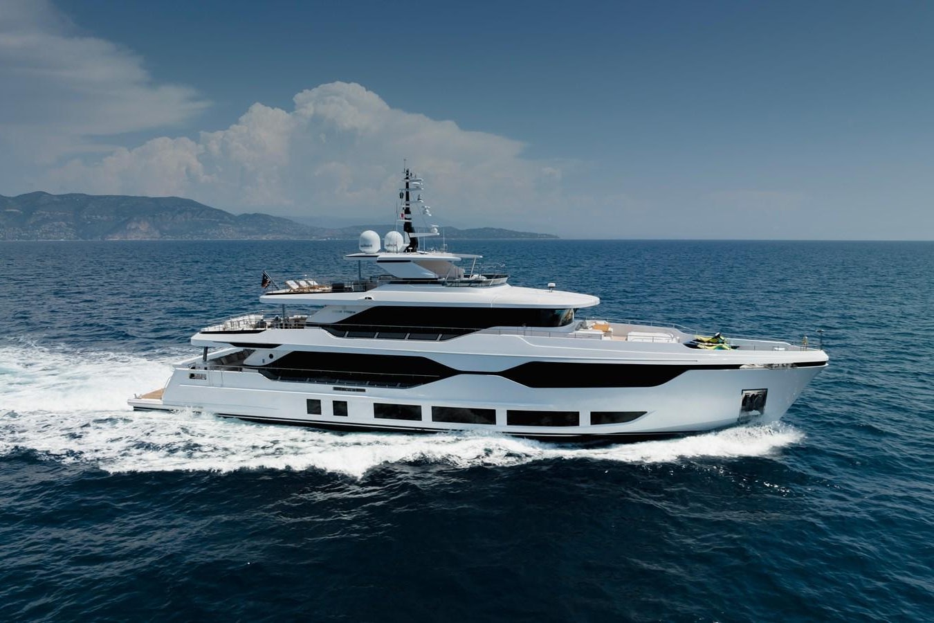 a white yacht in the water aboard MAJESTY 111 Yacht for Sale