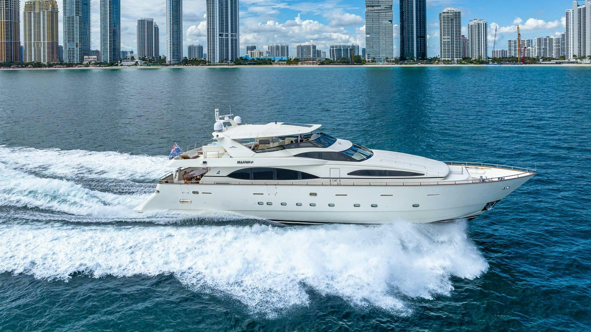 a white yacht on the water aboard 100 AZIMUT JUMBO Yacht for Sale