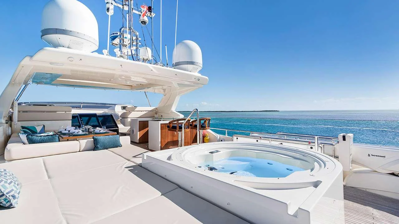 The sundeck features a luxurious jacuzzi and ample lounging space with stunning ocean views. aboard LA MAR Yacht for Charter