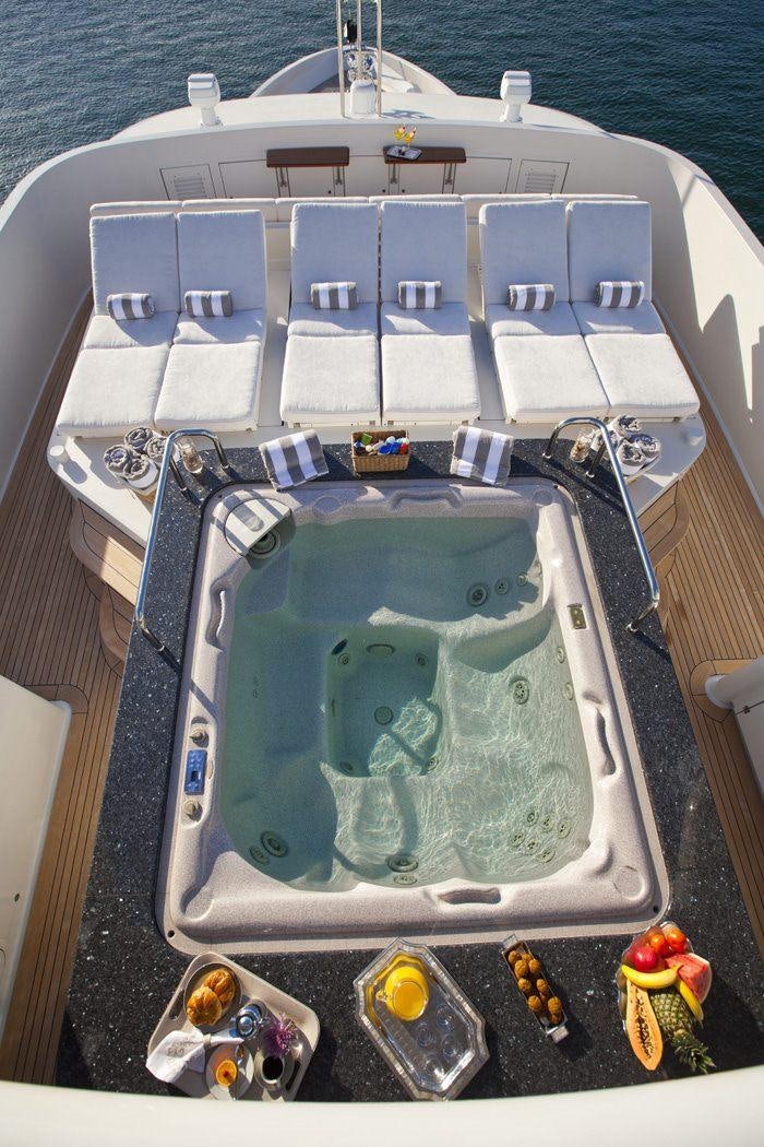 a boat with a clear blue body aboard LEVERAGE Yacht for Charter