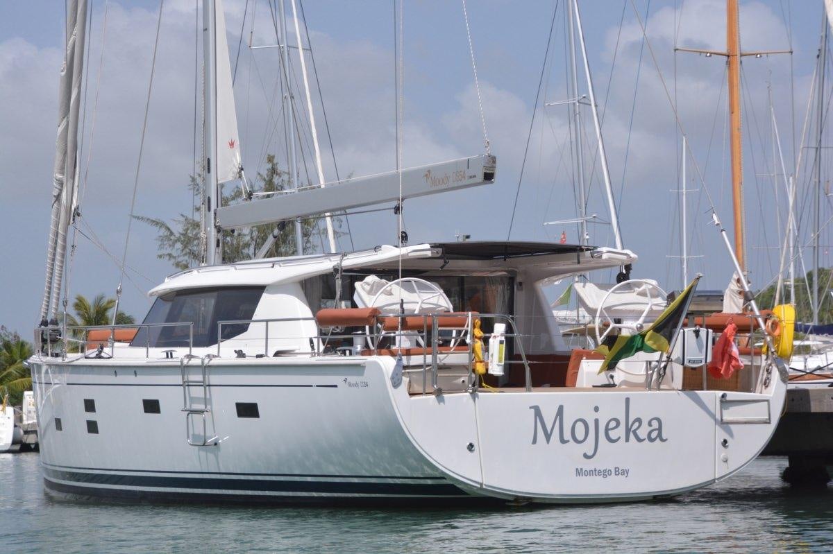 a white boat in the water aboard MOJEKA  Yacht for Charter