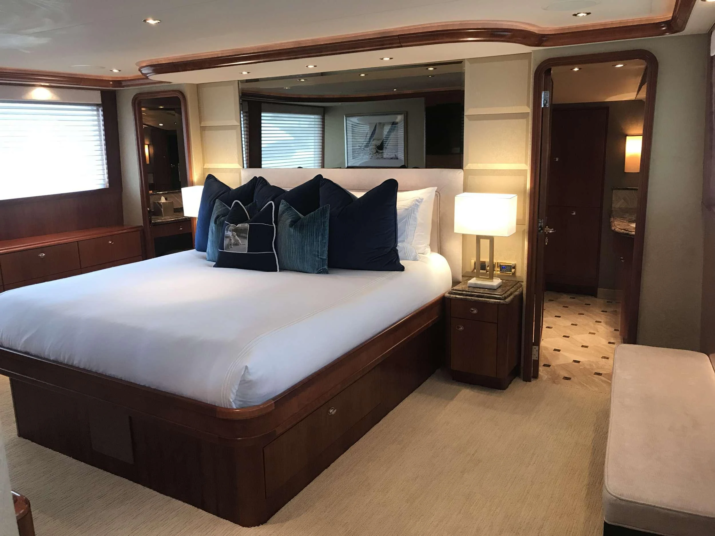 a bed in a hotel room aboard RELENTLESS Yacht for Charter