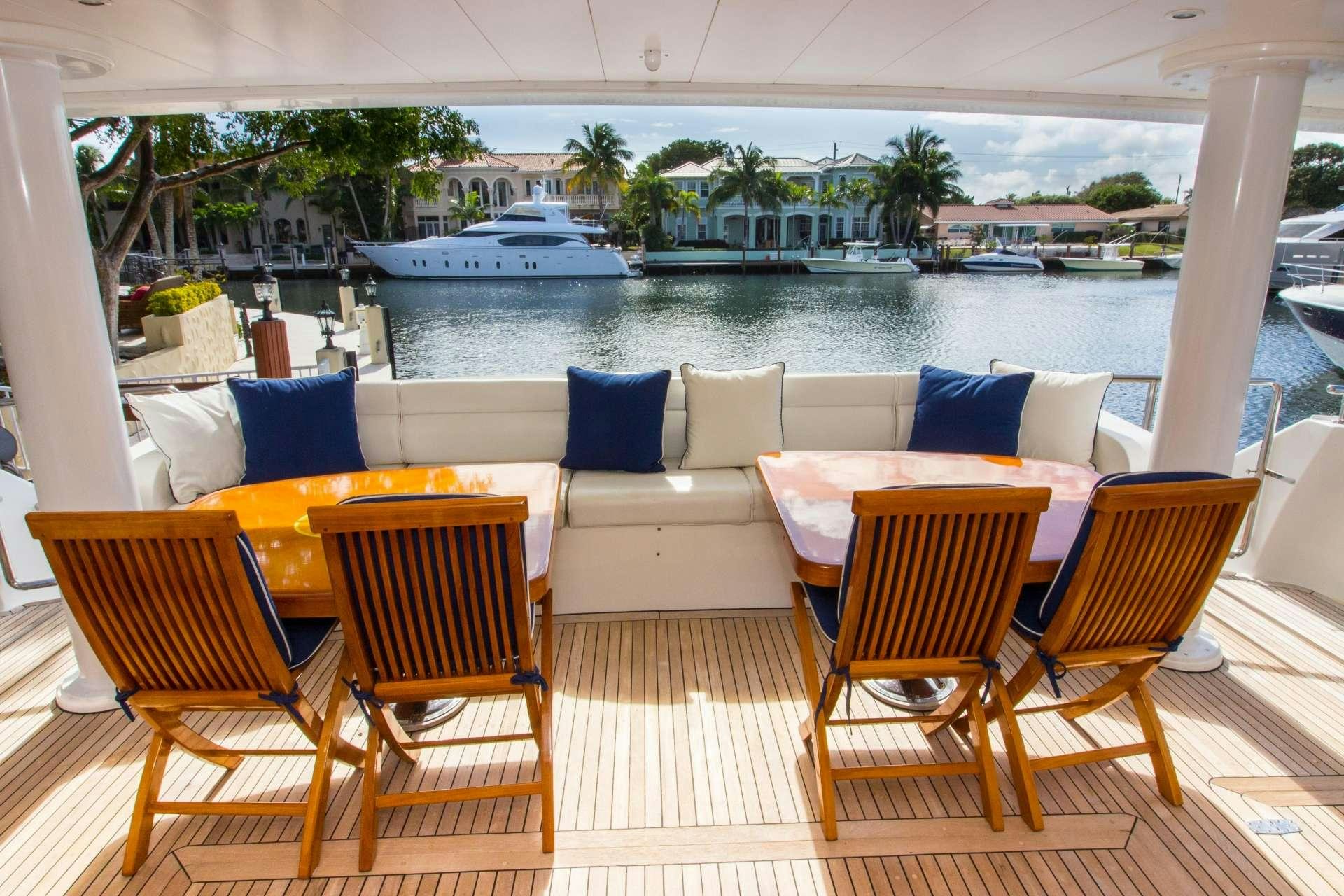 a deck with chairs and a couch aboard SANCTUARY Yacht for Charter
