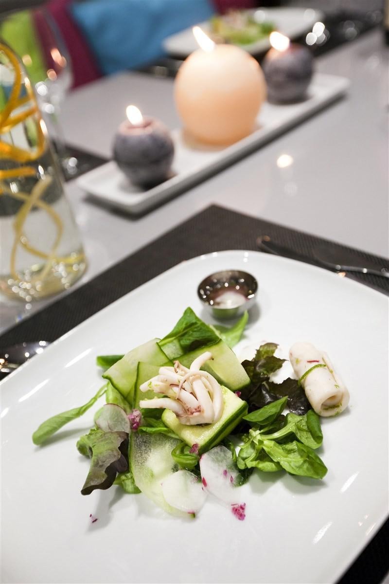 a plate of food aboard MAVERICK Yacht for Charter