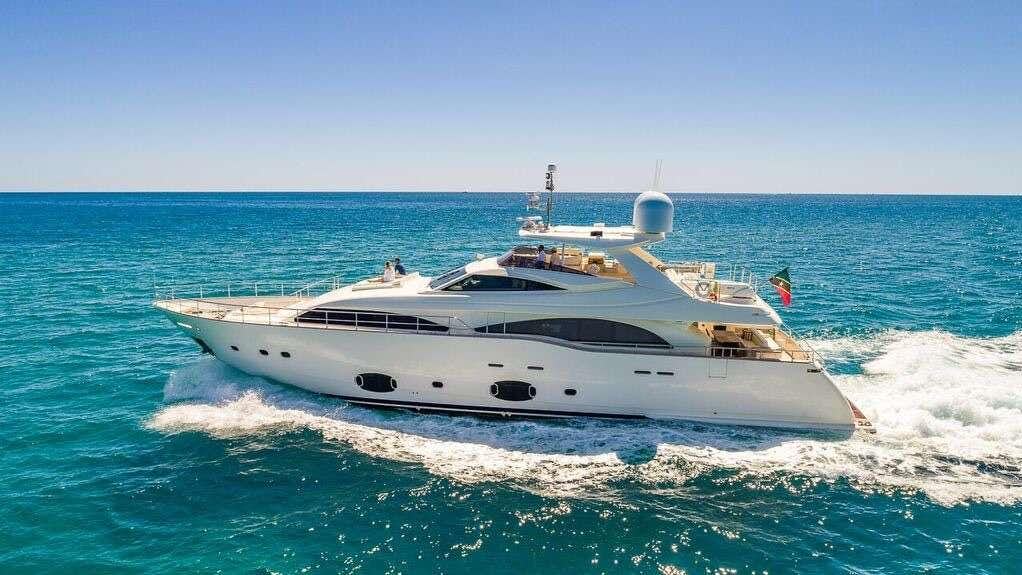 a white yacht on the water aboard 97 FERRETTI CUSTOMLINE Yacht for Charter
