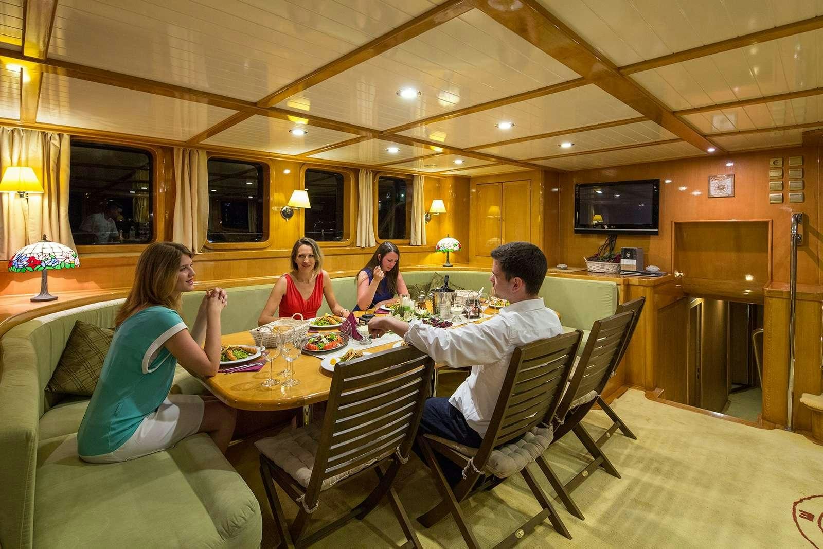 a group of people sitting around a table aboard morning star Yacht for Charter