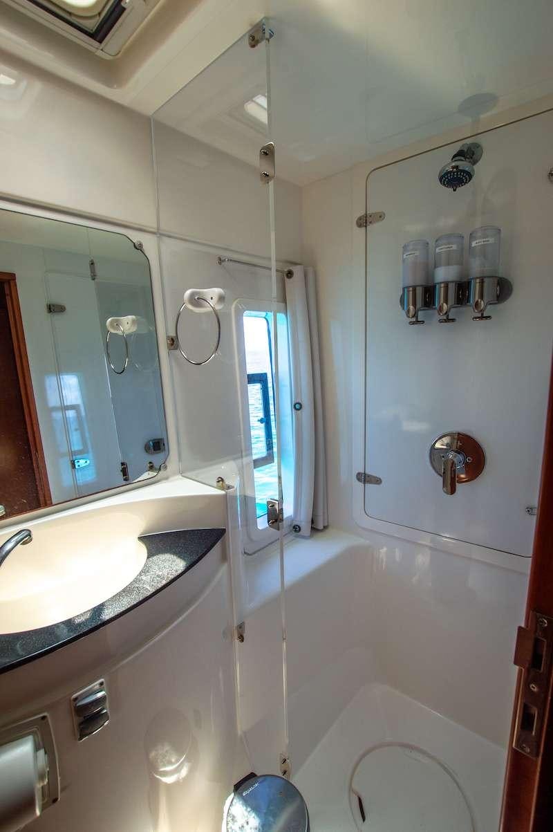 a bathroom with a bathtub and sink aboard DOLPHIN DAZE Yacht for Charter
