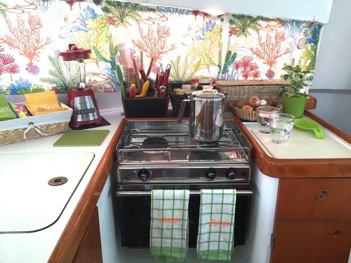 a kitchen with a stove and a potted plant aboard MANGO Yacht for Charter