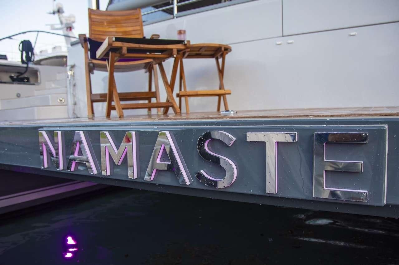 a sign on a boat aboard NAMASTE Yacht for Charter
