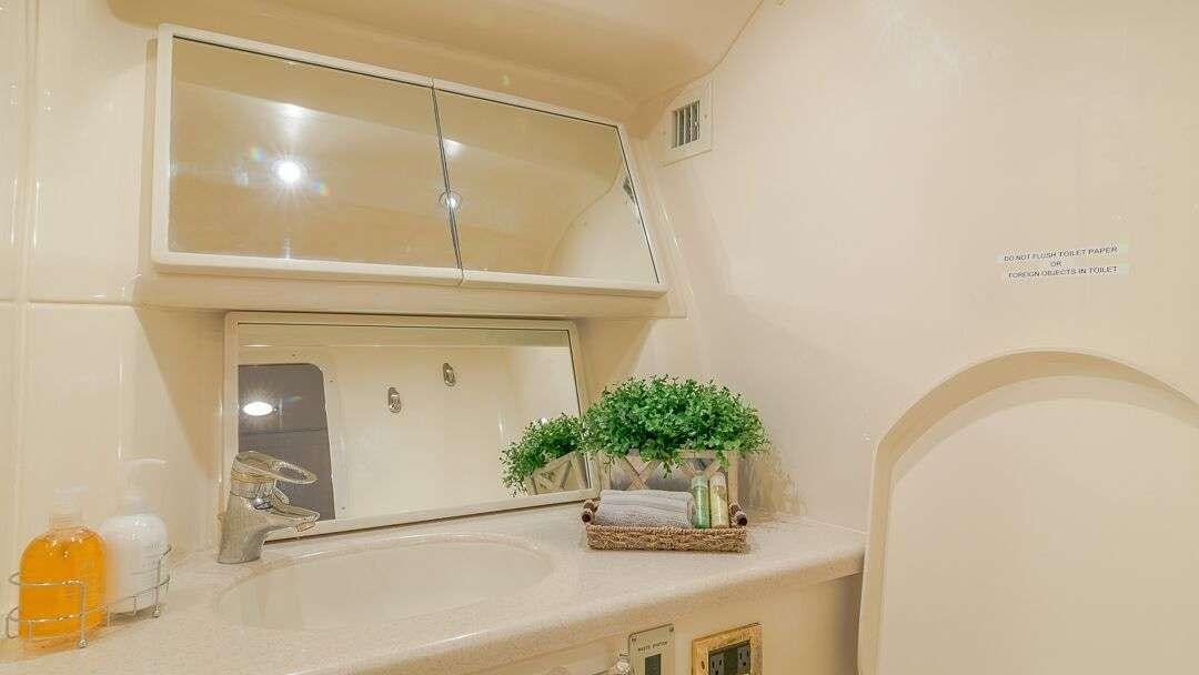 a bathroom with a sink and a plant in a basket aboard WHY NOT Yacht for Charter