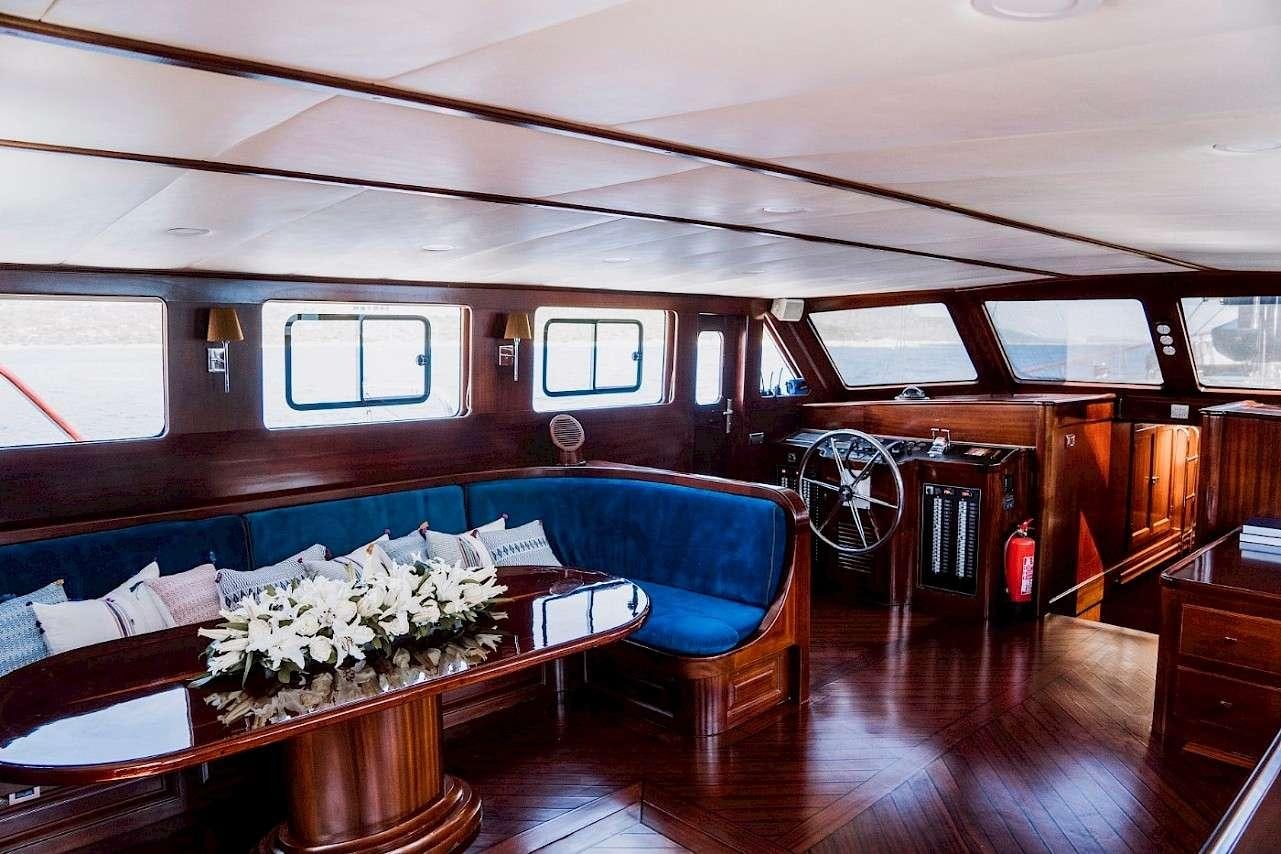 a room with a couch and a table aboard CAPRICORN 1 Yacht for Charter
