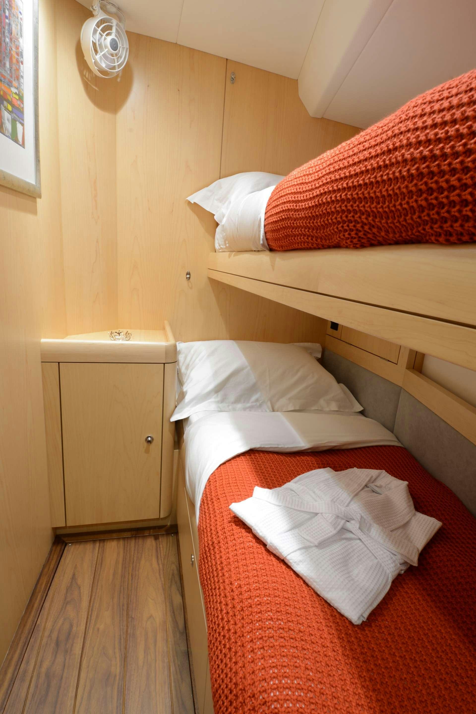 a couple of beds in a hotel room aboard LATITUDE Yacht for Charter