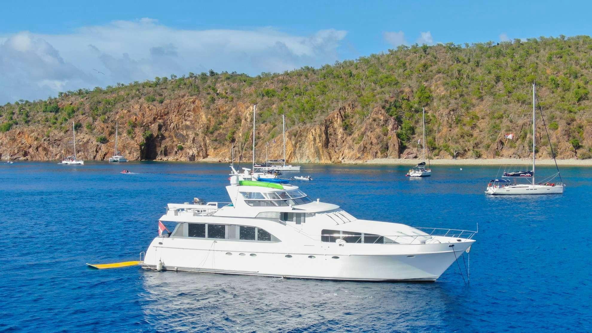 a person standing in the water in front of a boat aboard PRIME TIME Yacht for Charter