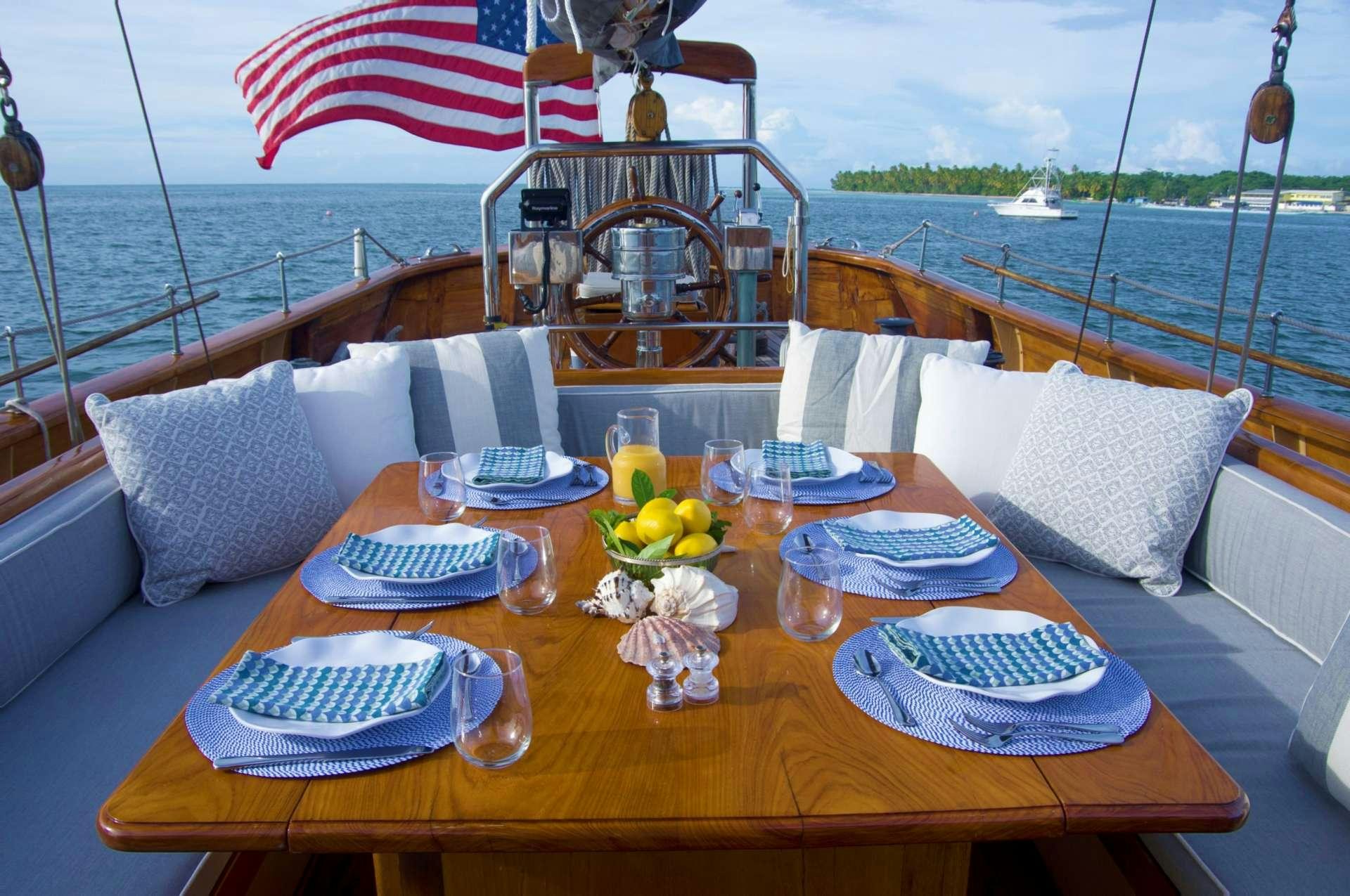 a table with plates and food on it aboard EROS Yacht for Charter