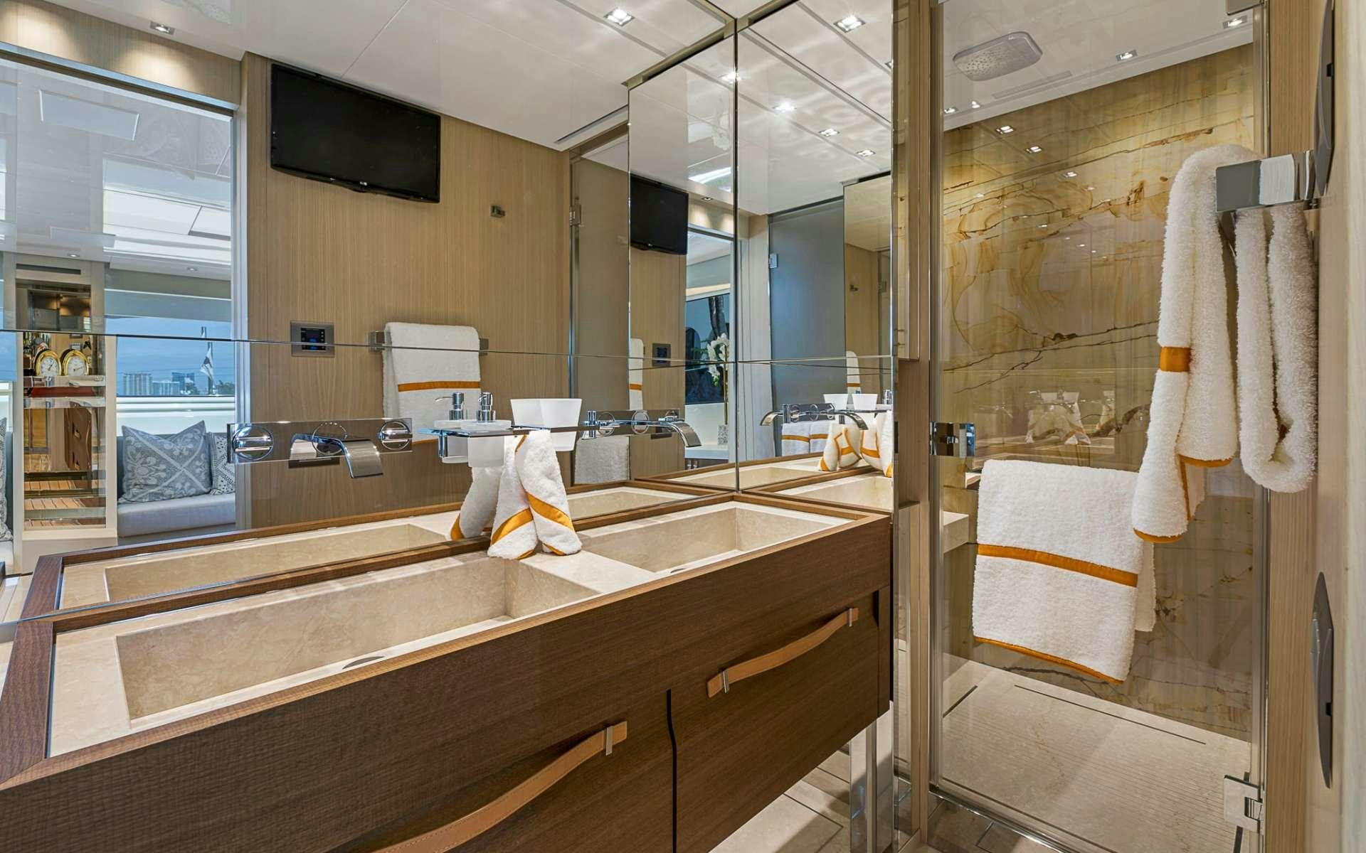 a bathroom with a large countertop aboard NOTORIOUS Yacht for Charter