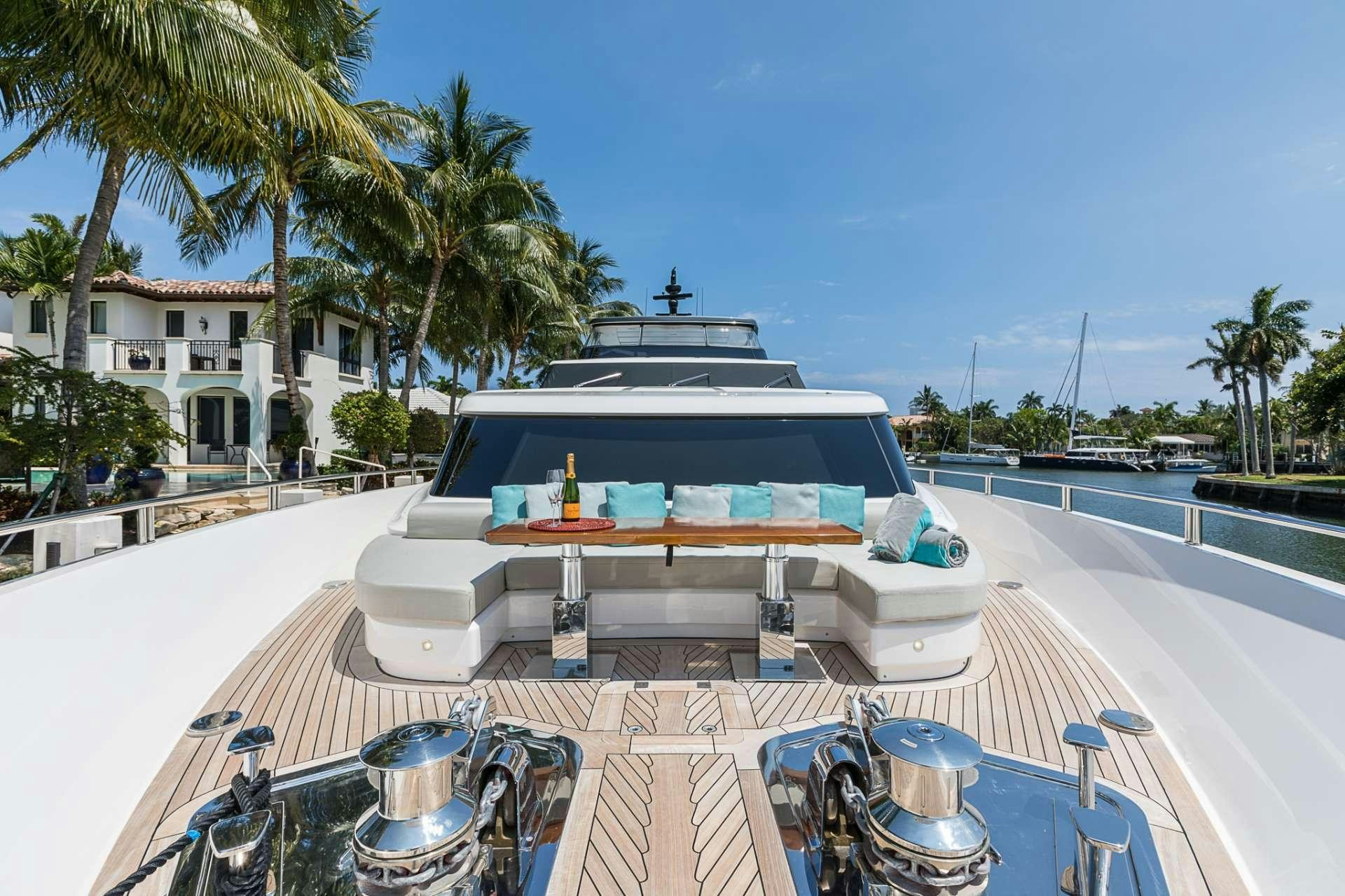 a white boat on a road aboard NOTORIOUS Yacht for Charter