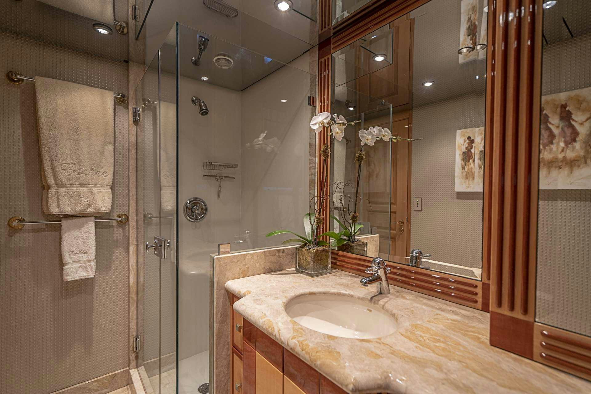 a bathroom with a shower and sink aboard REFLECTIONS Yacht for Charter